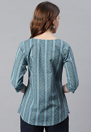 Printed Cotton Top in Dusty Blue