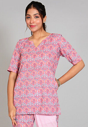 Printed  Cotton Top in Grey and Pink