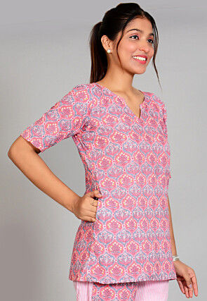 Printed  Cotton Top in Grey and Pink