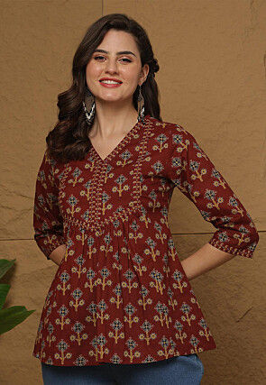 Printed Cotton Top in Maroon