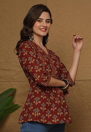 Printed Cotton Top in Maroon