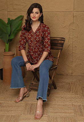 Printed Cotton Top in Maroon