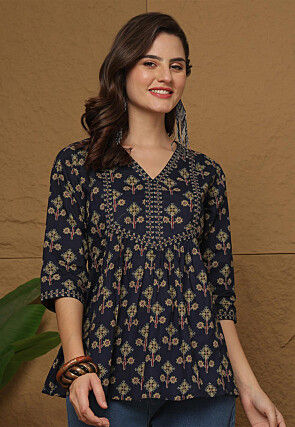 Printed Cotton Top in Navy Blue