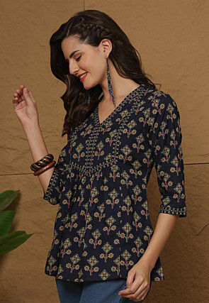Printed Cotton Top in Navy Blue