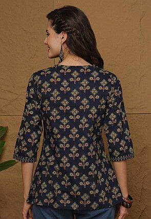 Printed Cotton Top in Navy Blue