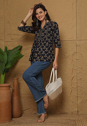 Printed Cotton Top in Navy Blue
