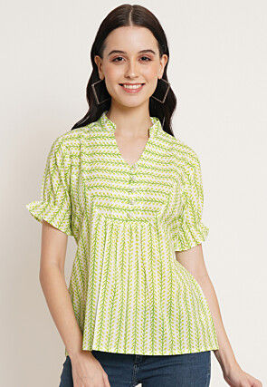 Printed Cotton Top in Off White and Light Green