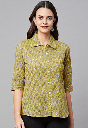 Printed Cotton Top in Olive Green