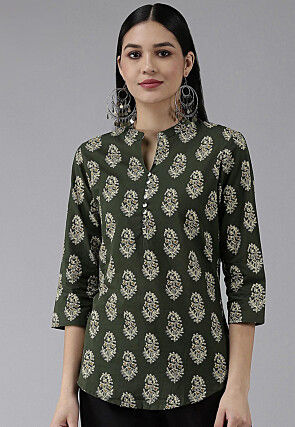 Printed Cotton Top in Olive Green