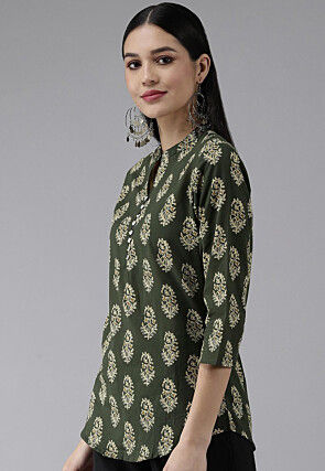 Printed Cotton Top in Olive Green