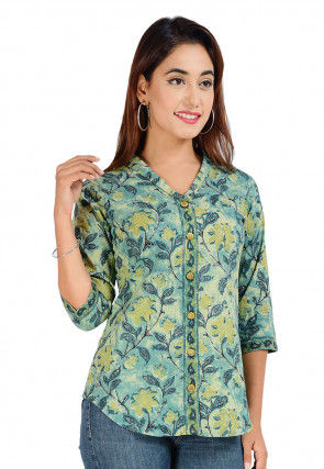 Printed Cotton Top in Sea Green