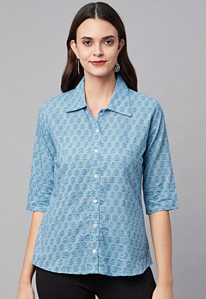 Printed Cotton Top in Sky Blue