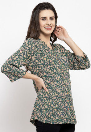 Printed Crepe Top in Teal Green