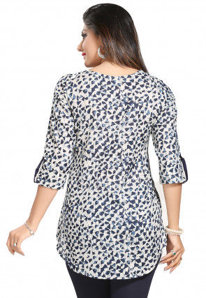 Printed Cotton Top in White and Blue
