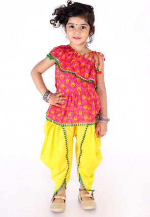 Printed Cotton Top N Dhoti Pant in Pink and Mustard