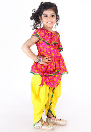Printed Cotton Top N Dhoti Pant in Pink and Mustard