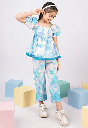 Printed Cotton Top Set in Off White and Blue