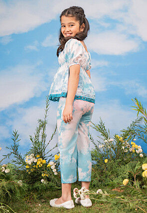 Printed Cotton Top Set in Off White and Blue