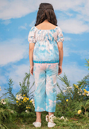 Printed Cotton Top Set in Off White and Blue