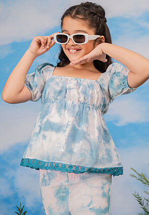 Printed Cotton Top Set in Off White and Blue