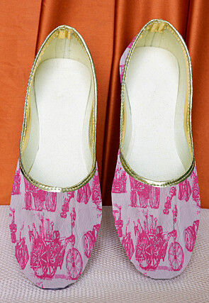 Printed Cotton Women Jutti in White and Pink