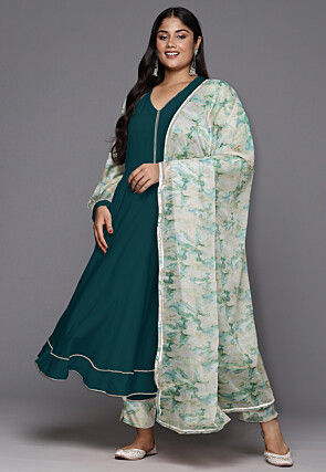 Printed Crepe A Line Suit in Dark Teal Green