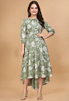 Printed Crepe Asymmetric Dress in Light Green