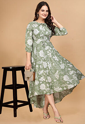 Printed Crepe Asymmetric Dress in Light Green