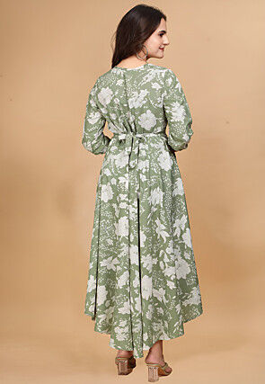 Printed Crepe Asymmetric Dress in Light Green