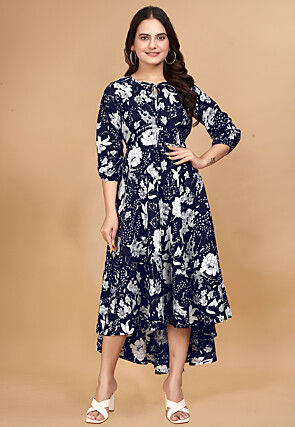Printed Crepe Asymmetric Dress in Navy Blue