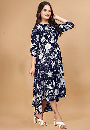 Printed Crepe Asymmetric Dress in Navy Blue