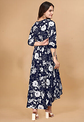 Printed Crepe Asymmetric Dress in Navy Blue