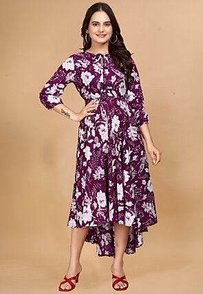 Printed Crepe Asymmetric Dress in Wine