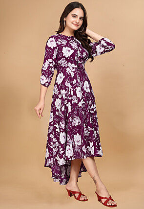 Printed Crepe Asymmetric Dress in Wine