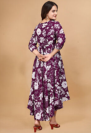 Printed Crepe Asymmetric Dress in Wine