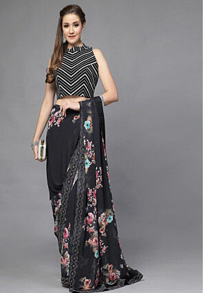 Printed Crepe Back Cut Out Blouse in Black