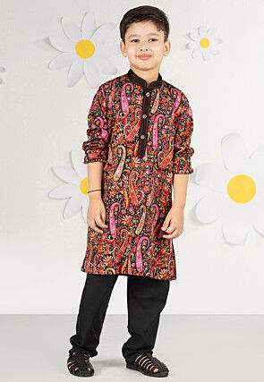 Printed Crepe Kurta Set in Black