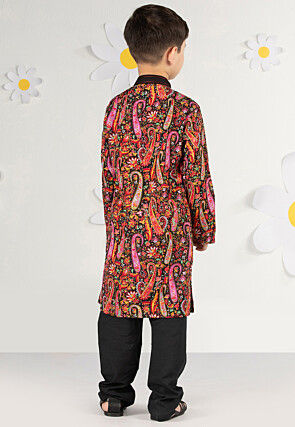 Printed Crepe Kurta Set in Black