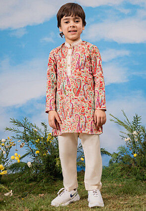 Digital Printed Crepe Kurta Set in Cream