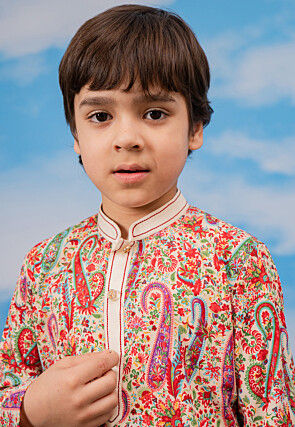 Digital Printed Crepe Kurta Set in Cream