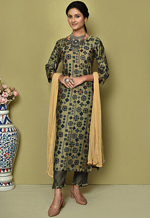 Printed Crepe Pakistani Suit in Beige