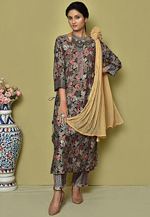 Printed Crepe Pakistani Suit in Black and Multicolor