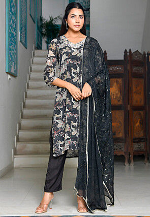 Printed Crepe Pakistani Suit in Black