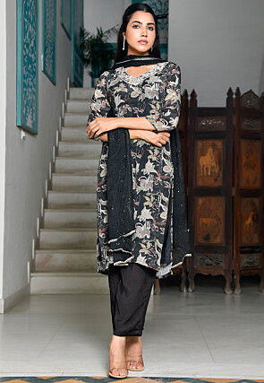 Printed Crepe Pakistani Suit in Black