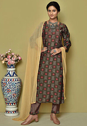 Printed Crepe Pakistani Suit in Brown