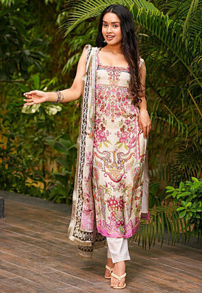 Printed Crepe Pakistani Suit in Cream