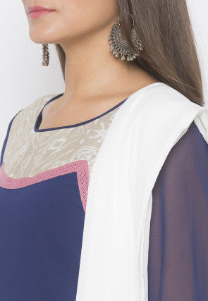 Printed Crepe Pakistani Suit in in Navy Blue
