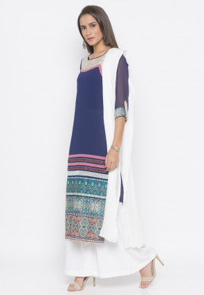 Printed Crepe Pakistani Suit in in Navy Blue