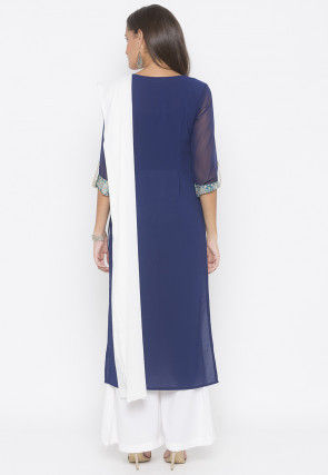 Printed Crepe Pakistani Suit in in Navy Blue