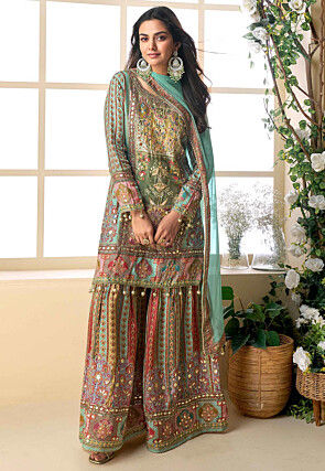 Printed Crepe Pakistani Suit in Multicolor